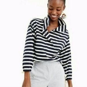 J. Crew Knit Stripe Snap Neck Mock Neck Sweatshirt Blue White Size small